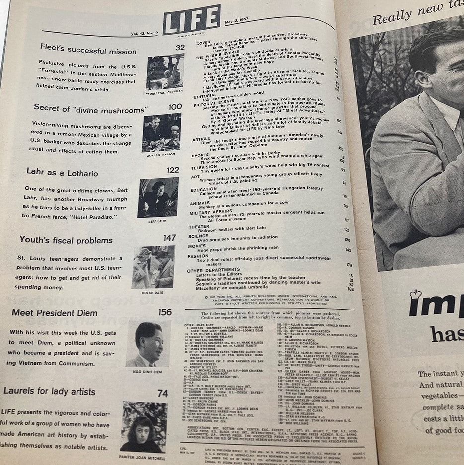 Contents page of the VTG Life Magazine May 13 1957, highlighting articles such as 'Lahr as a Lothario' and various features from the era.