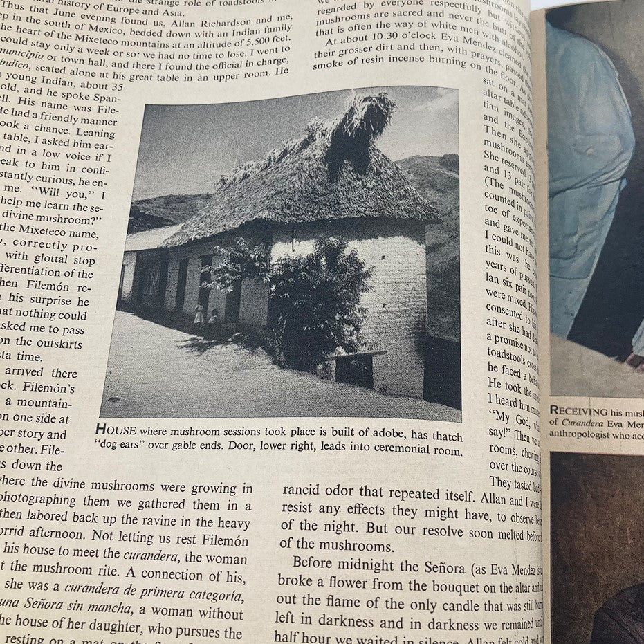 Photograph from the VTG Life Magazine May 13 1957 showing a house where mushroom sessions took place, significant to the cultural narrative presented.