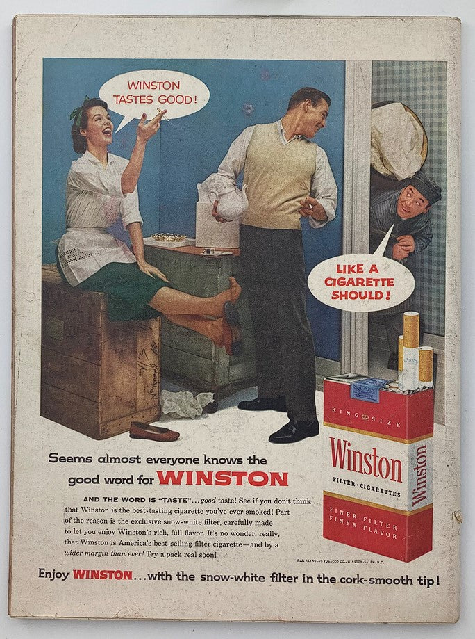 An advertisement for Winston cigarettes from Life Magazine, featuring a woman and a man promoting the brand, May 13, 1957.