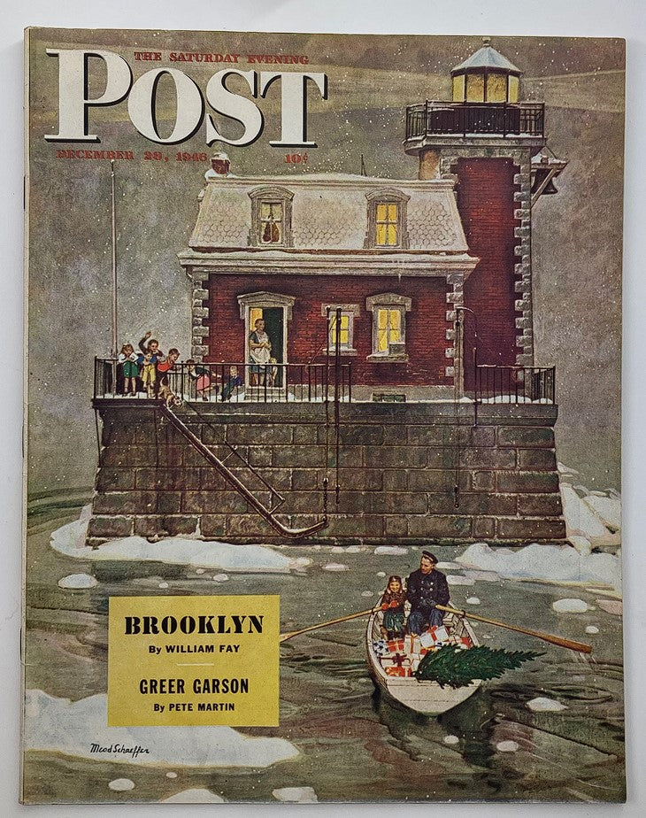 The Saturday Evening Post December 28, 1946 featuring a cover illustration by William Fay, depicting a cozy lighthouse scene with families gathered around, capturing the essence of mid-20th century Americana.