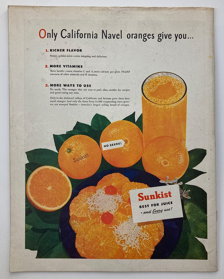 Advertisement in The Saturday Evening Post December 28, 1946 promoting California Navel oranges by Sunkist, showcasing fresh oranges and emphasizing their rich flavor and health benefits.