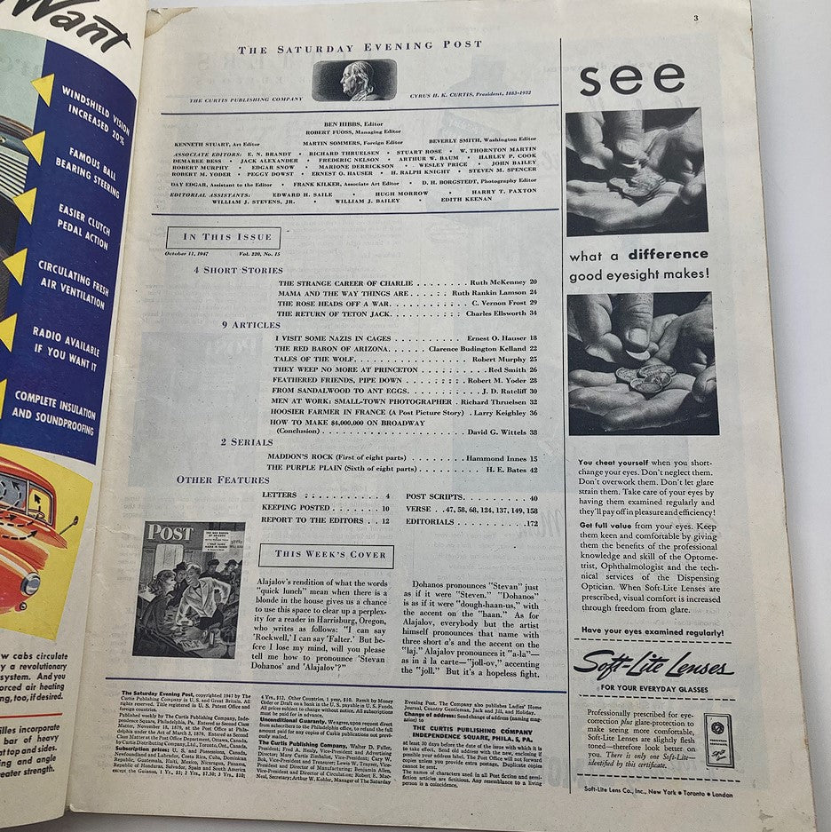 Inside page of The Saturday Evening Post October 11 1947 featuring a table of contents with article titles including 'I Visit Some Nazis in Cages'.