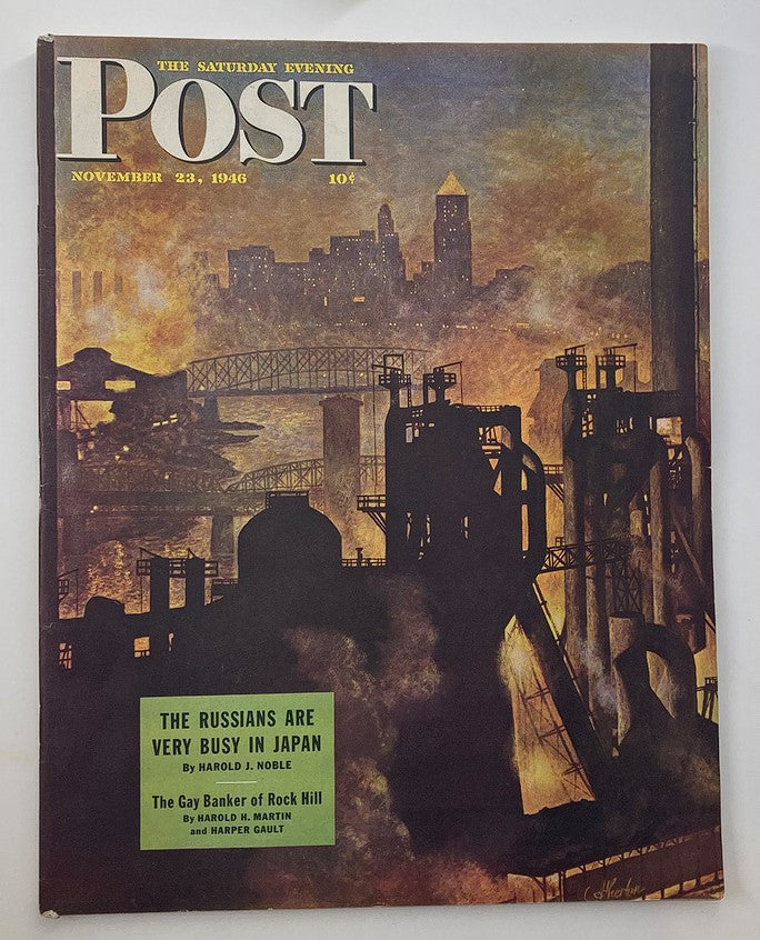 The Saturday Evening Post November 23, 1946 magazine cover featuring the title 'The Russians Are Very Busy in Japan' against an industrial cityscape backdrop, symbolizing post-World War II geopolitics.