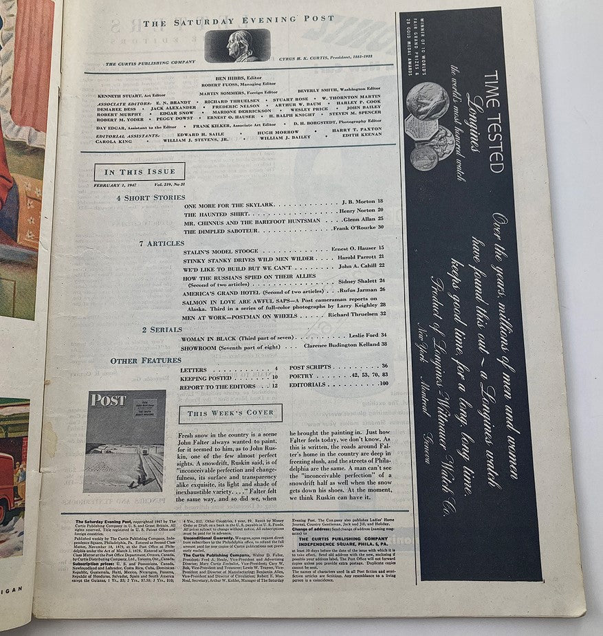 The Saturday Evening Post February 1, 1947 interior page listing articles and features, highlighting the issue's content including topics on housing and cultural reflections of the time.