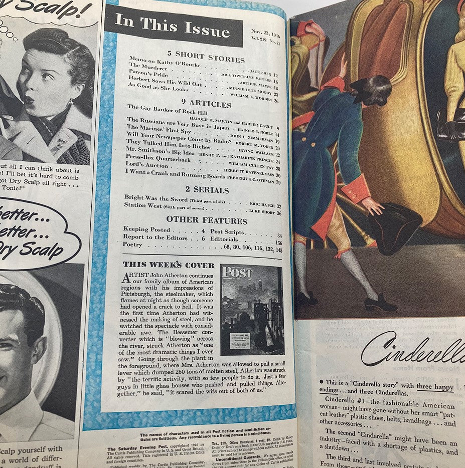 Inside page of The Saturday Evening Post, November 23, 1946, showcasing the table of contents, highlighting articles such as 'The Russians Are Very Busy in Japan' and 'The Gay Banker of Rock Hill'.