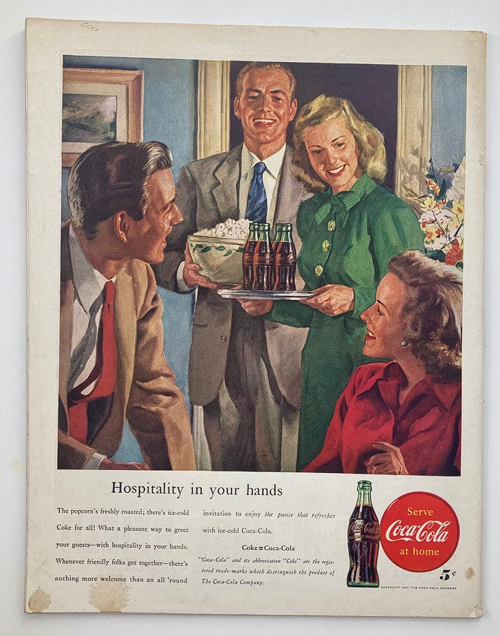 Back cover of The Saturday Evening Post dated March 1, 1947, showcasing a Coca-Cola advertisement with a group of friends enjoying refreshments.