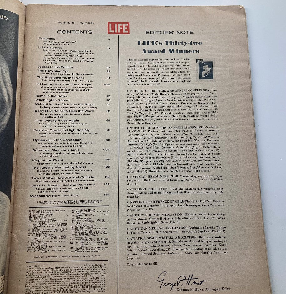 Contents page of VTG Life Magazine May 7, 1965, Vol 58 #18 listing articles including John Wayne and notable features, with an editorial note.