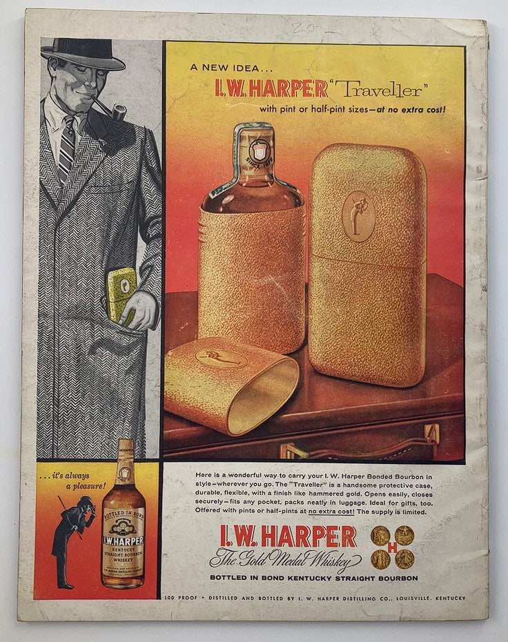 Back cover advertisement of VTG Esquire Magazine February 1957, displaying an I.W. Harper whiskey promotion relevant to mid-20th century culture.