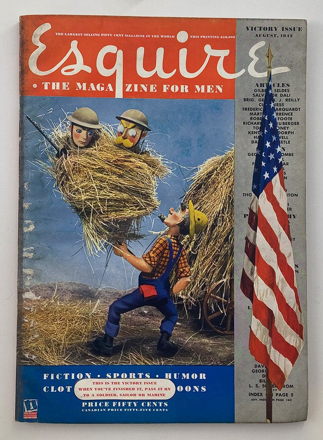 Cover of the VTG Esquire Magazine Victory Issue August 1942 titled 'The Weapon in Your Hand' featuring whimsical puppets, a farm setting, and a background flag symbolizing patriotism.