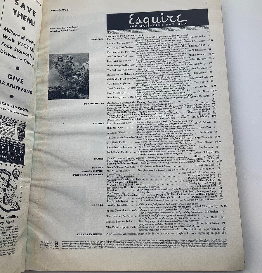 Inside page of VTG Esquire Magazine Victory Issue August 1942 displaying the table of contents and various articles related to World War II.