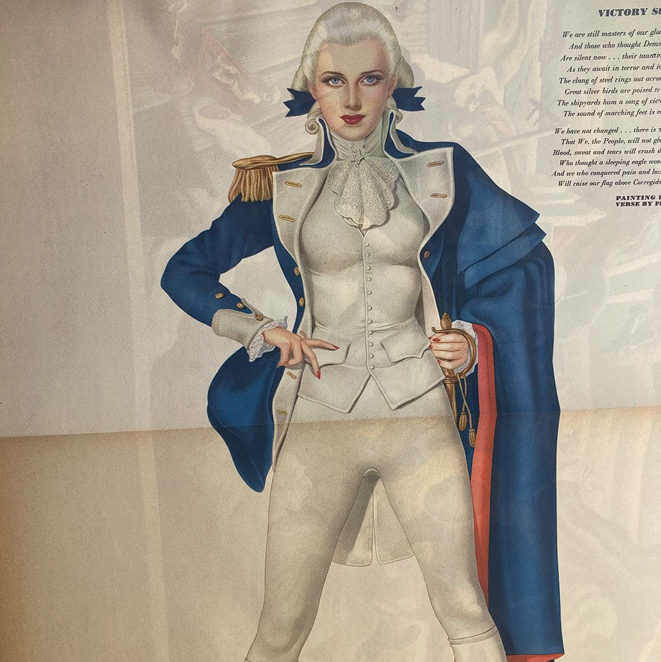 Illustration from VTG Esquire Magazine Victory Issue August 1942 featuring a woman in a historical military-inspired outfit, symbolizing strength and patriotism.