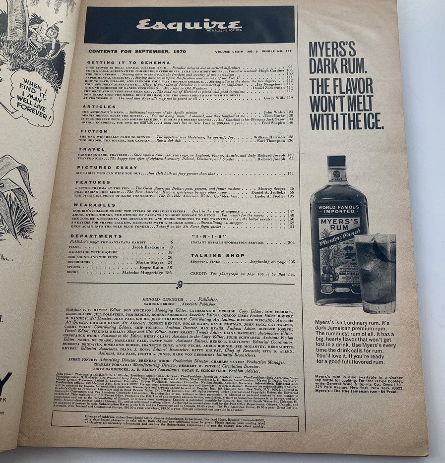 Contents page of VTG Esquire Magazine September 1970 Vol 74 #3, listing articles and features including travel, fiction, and reviews, characteristic of early 1970s cultural insights.