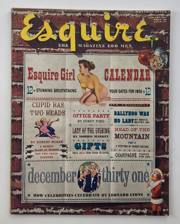 Cover of VTG Esquire Magazine January 1951 Vol 35 #1 titled 'Lady of The Evening', showcasing vibrant artwork and various articles including 'Esquire Girl' and 'Office Party'.