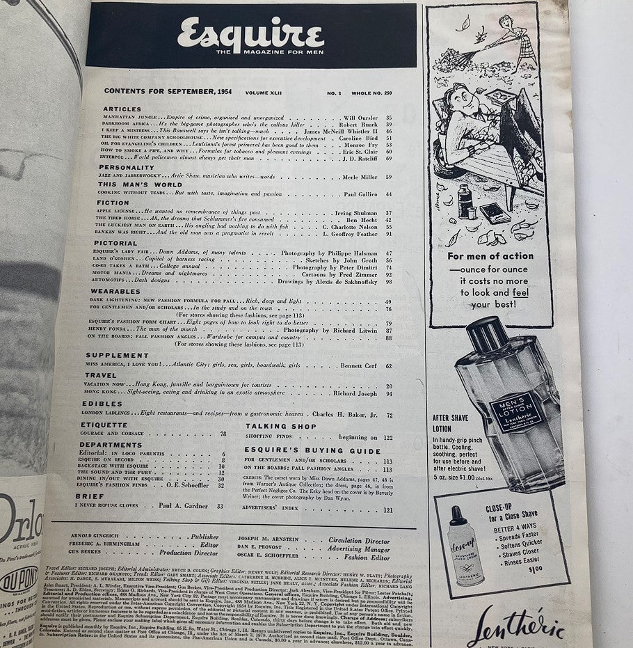 Contents page of VTG Esquire Magazine September 1954 showcasing articles related to pipe smoking and men’s fashion.