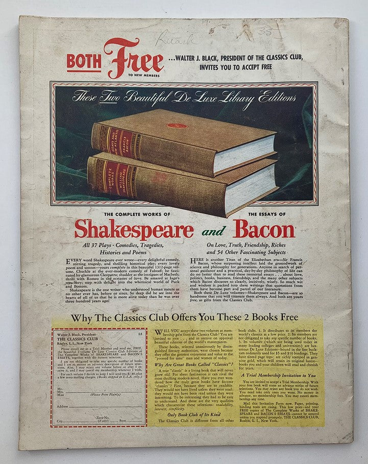 Advertisement page from VTG Esquire Magazine September 1954 promoting free books by the Classics Club along with the complete works of Shakespeare and Bacon.