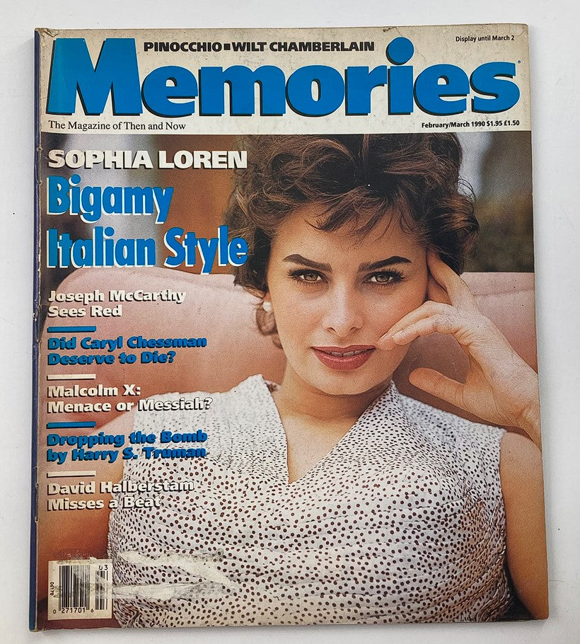 Cover of Memories Magazine February 1990 featuring Sophia Loren, highlighting the cover story 'Bigamy Italian Style'. This vintage magazine captures the essence of Italian glamour and culture.