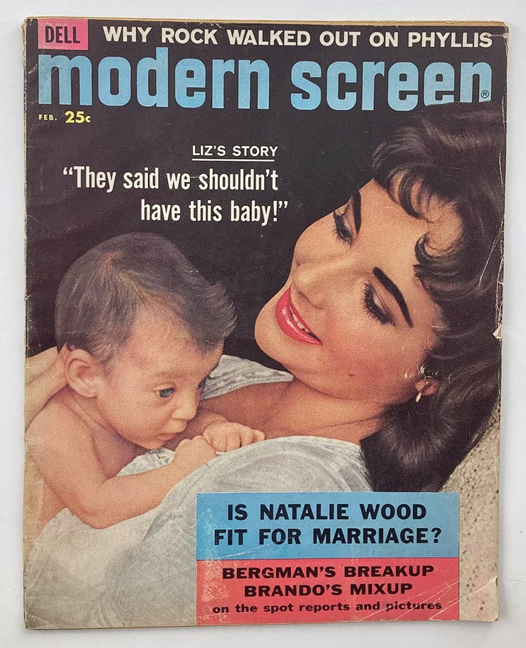 Cover of VTG Modern Screen Magazine February 1958 featuring Liz Taylor and a baby, showcasing iconic Hollywood themes.