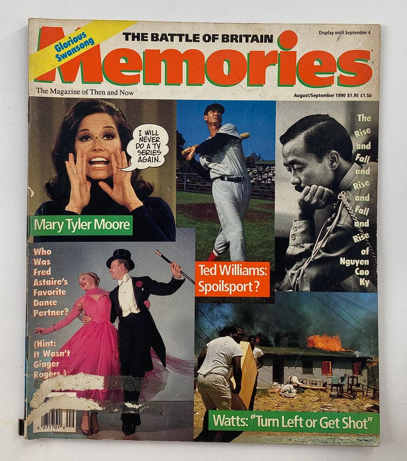 Cover of VTG Memories Magazine August 1990 Vol 3 #4, featuring Mary Tyler Moore and Ted Williams, showcasing vibrant pop culture elements and intriguing articles from the era.