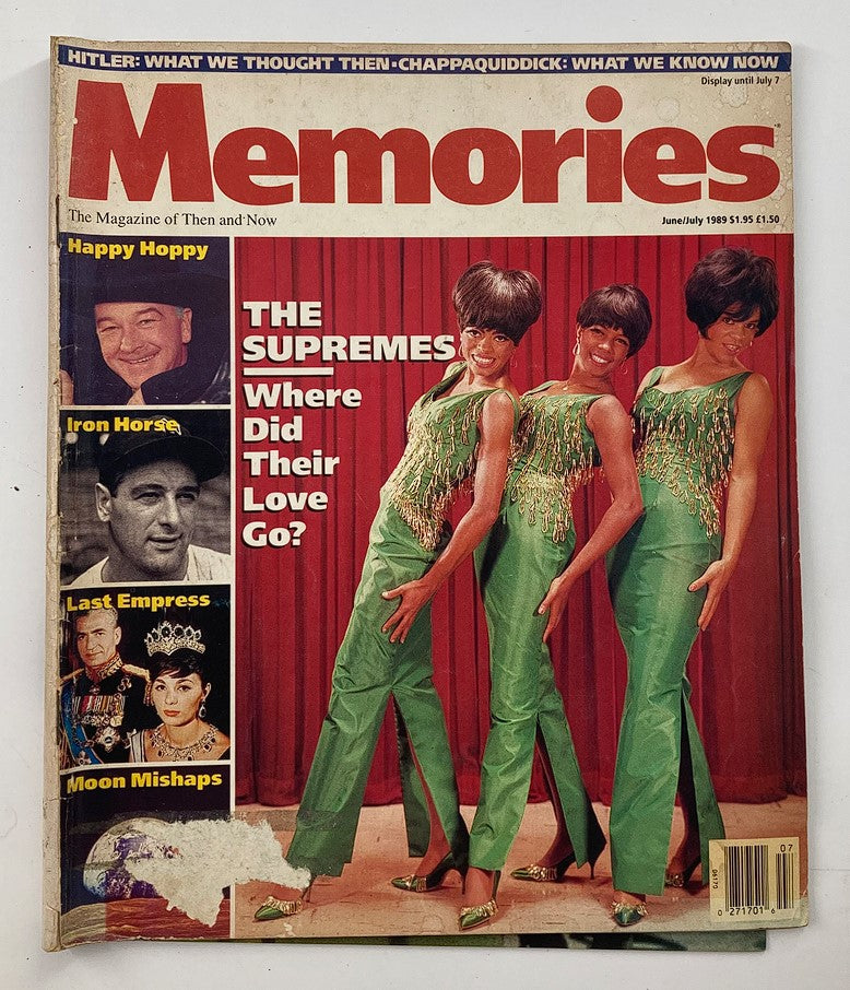 Cover of VTG Memories Magazine June 1989 Vol 2 #3 featuring The Supremes in vibrant green outfits, highlighting the stories 'Where Did Their Love Go?' and a photo of Nikita Khrushchev.
