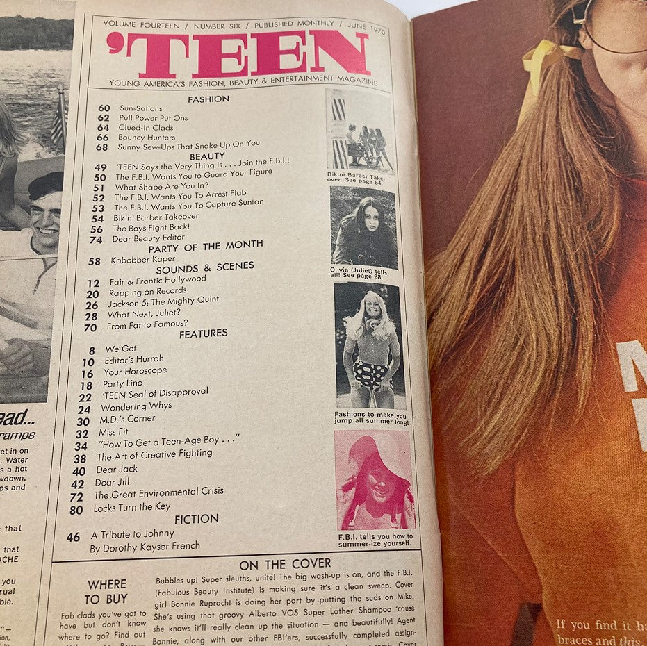 Inside page of the VTG Teen Magazine June 1970 Vol 14 #6 displaying the table of contents with articles about beauty, fashion, and pop culture from the 70s.