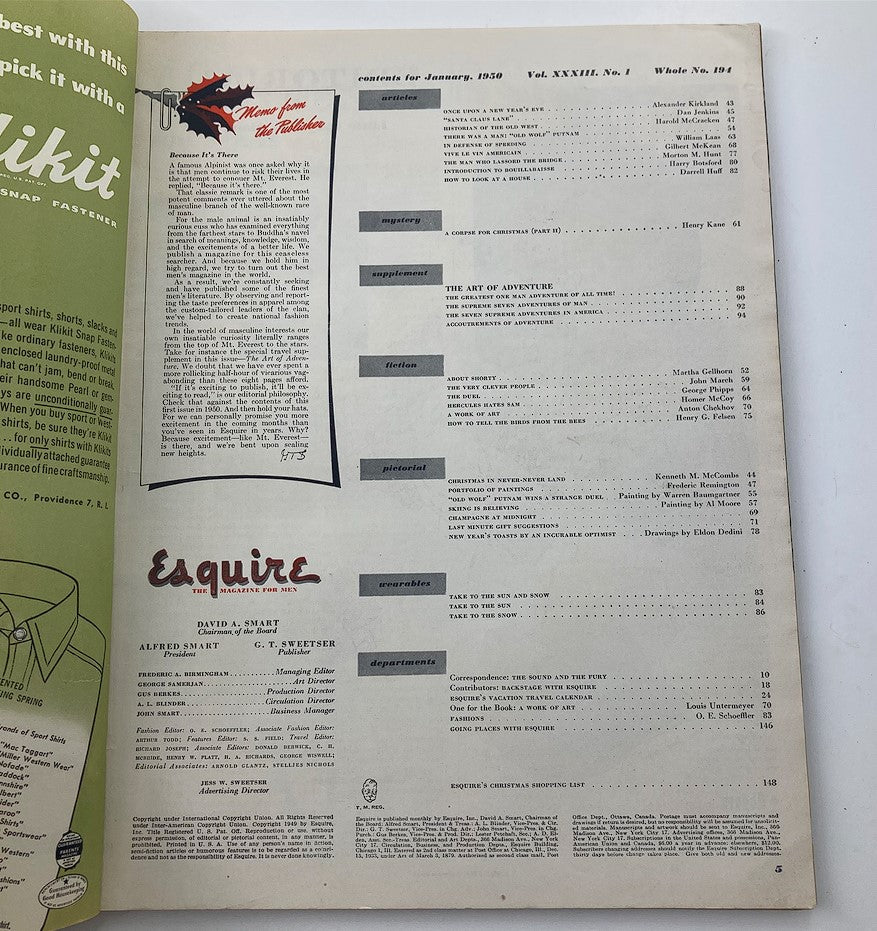 Inside page of VTG Esquire Magazine January 1950 featuring table of contents for Volume 33 Number 1, showcasing articles, mysteries, and fiction.
