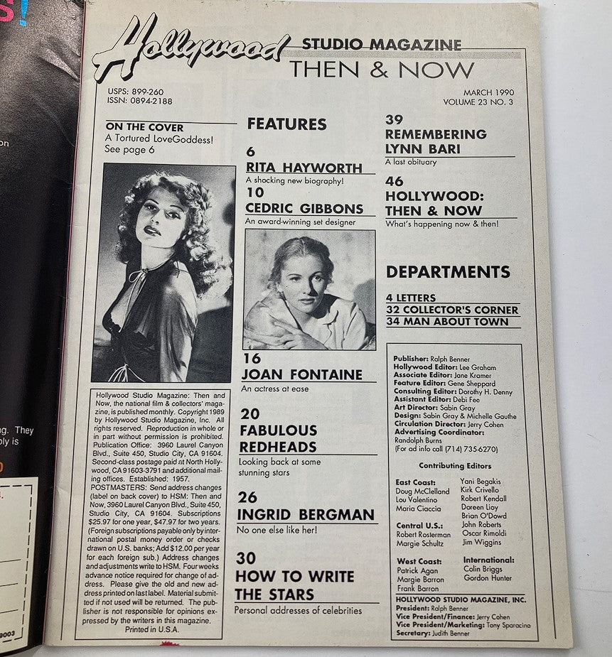 Inside page of Hollywood Studio Magazine, March 1990, Volume 23 No. 3. The page showcases contents including Rita Hayworth's biography and features on Joan Fontaine and Ingrid Bergman.