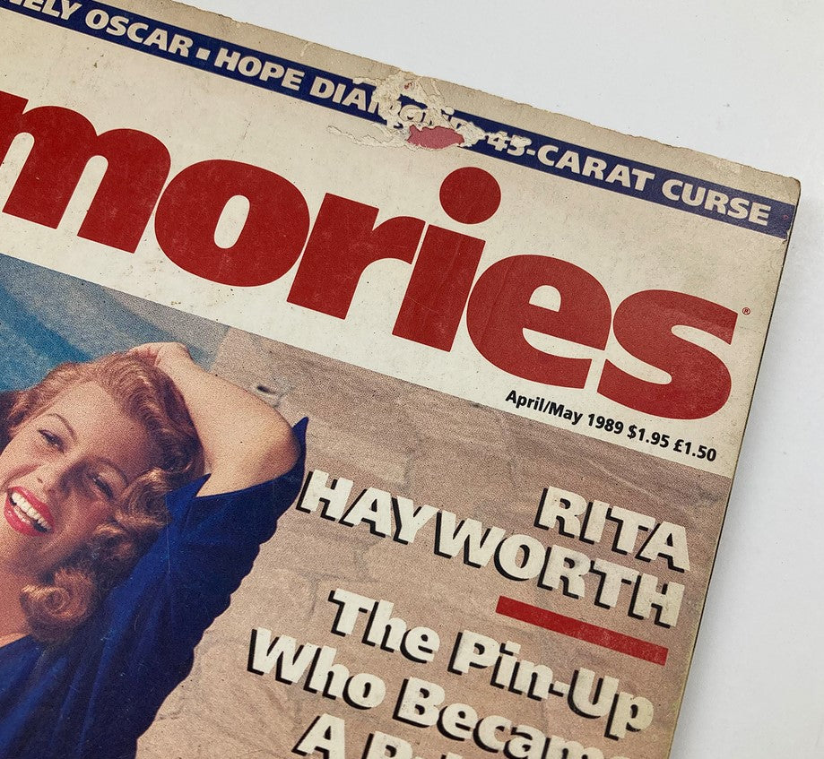 Close-up of the cover of VTG Memories Magazine April 1989 showcasing Rita Hayworth's image and the magazine title with featured articles.