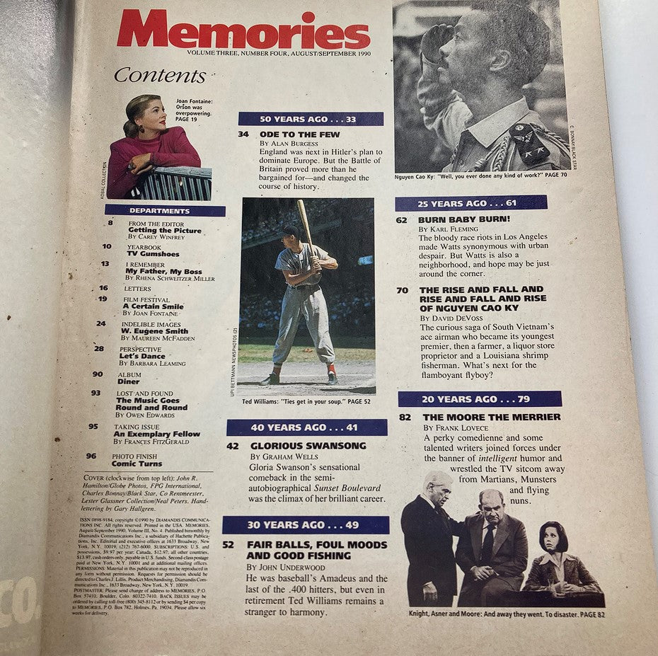 Contents page of VTG Memories Magazine August 1990 Vol 3 #4, listing various articles including features on Mary Tyler Moore and Ted Williams, reflecting the cultural significance of that time.
