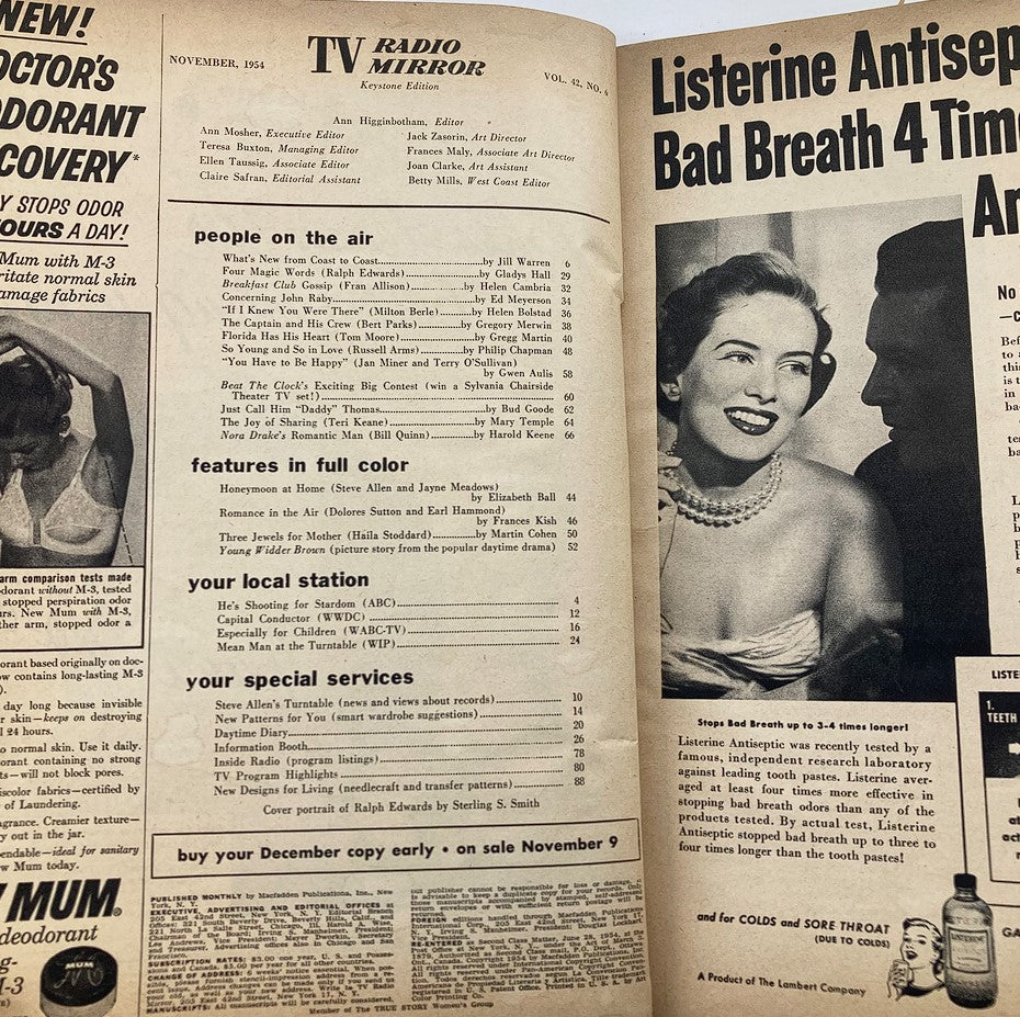 Interior page of VTG TV Radio Mirror Magazine November 1954, Volume 42, Number 6. The page includes articles, photos, and listings related to television and radio from the era.