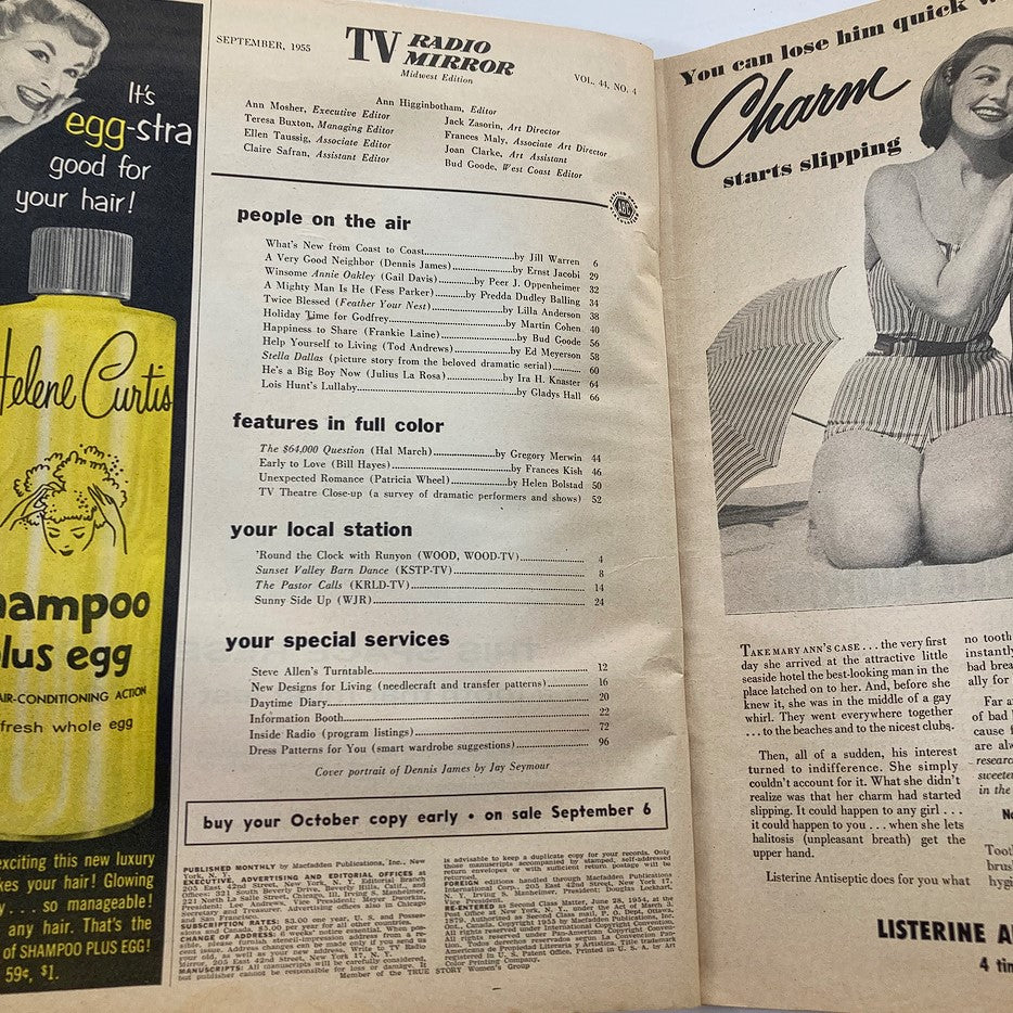 Inside pages of VTG TV Radio Mirror Magazine September 1955 showing program guide and features.