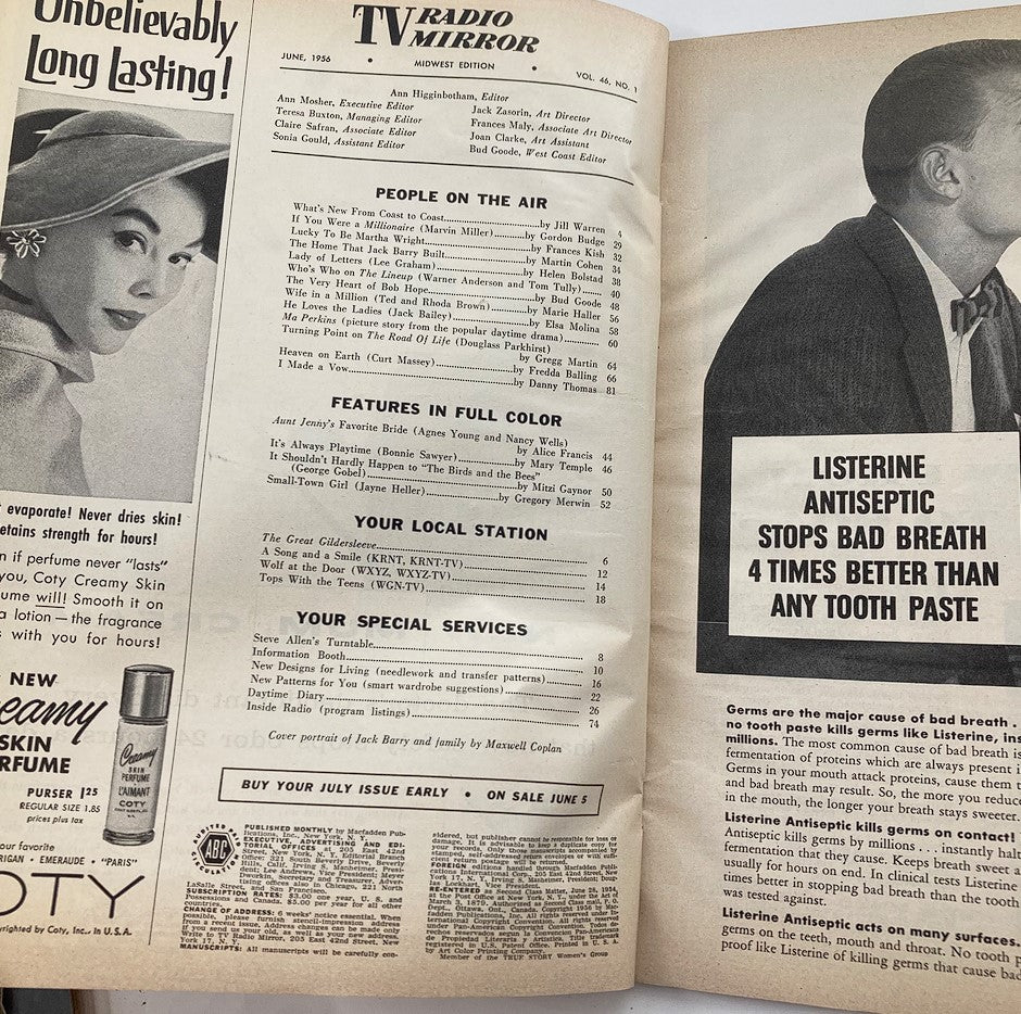 Interior page of VTG TV Radio Mirror Magazine June 1956 displaying program details, advertisements, and articles about television personalities from that era.