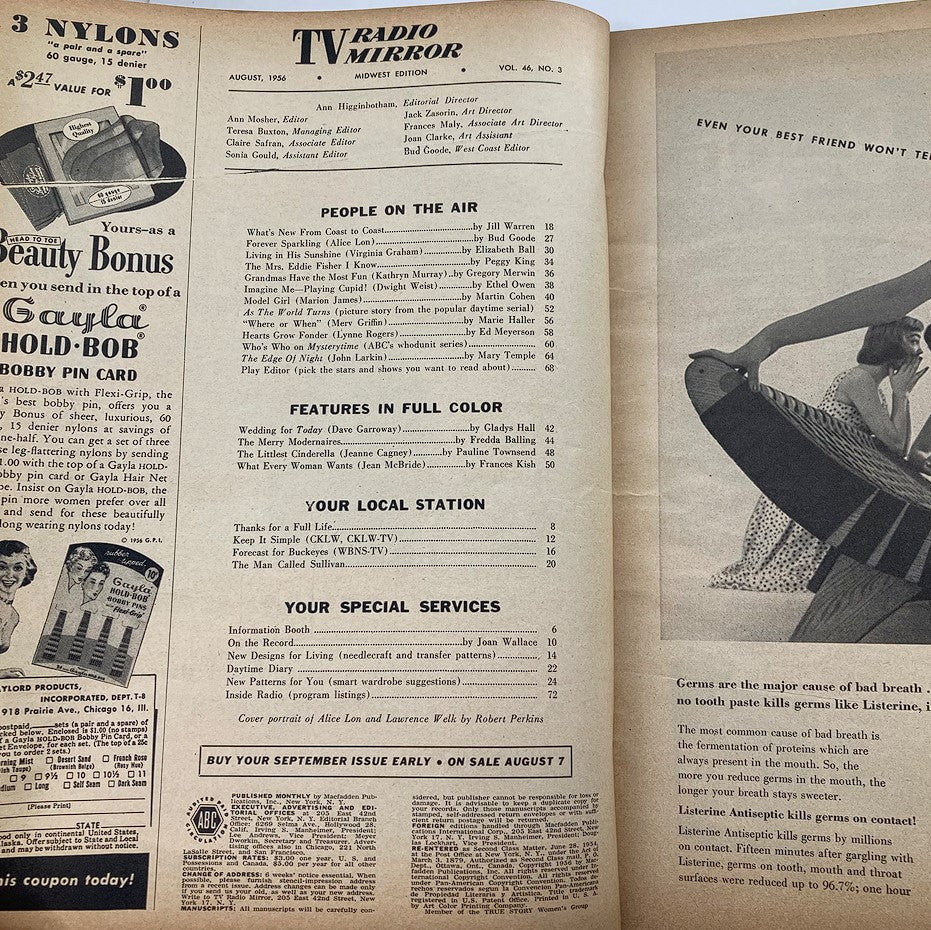 Inside pages of VTG TV Radio Mirror Magazine August 1956, displaying program listings and feature articles.