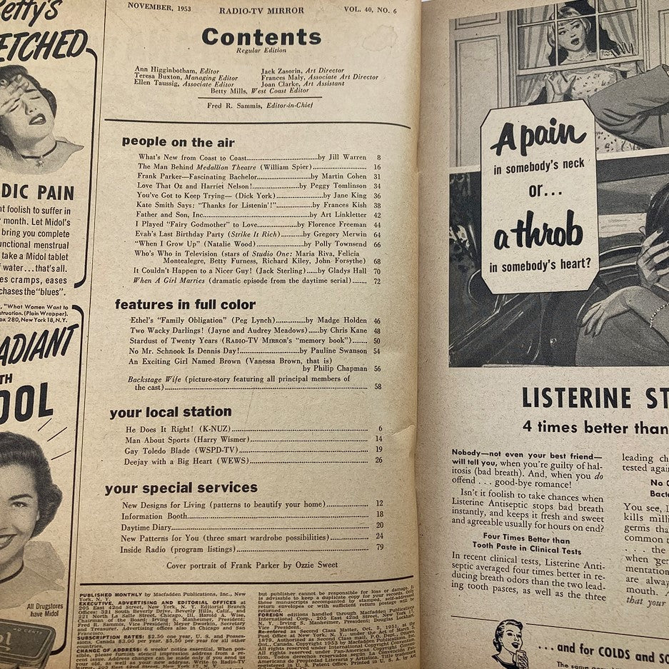 Contents page of VTG Radio-TV Mirror Magazine November 1953 featuring a list of articles and contributors.