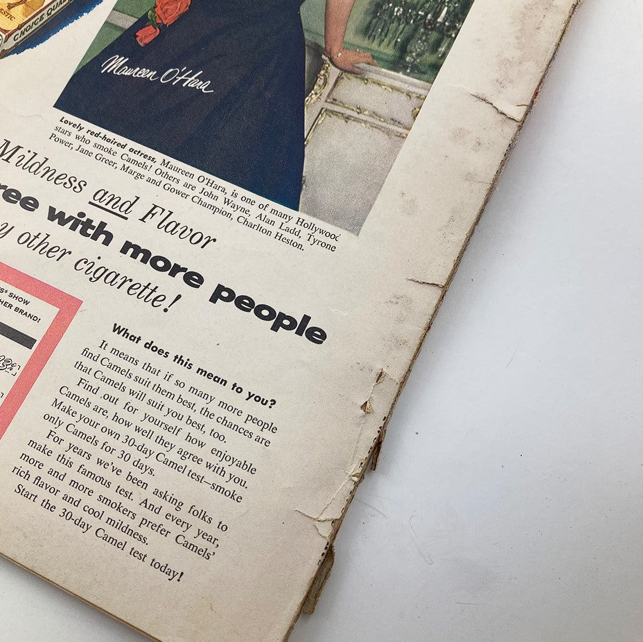 Close-up of an advertisement in VTG Radio-TV Mirror Magazine November 1953 featuring Maureen O'Hara with details on Camel cigarettes.