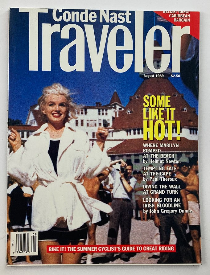 Condé Nast Traveler Magazine August 1989 featuring Marilyn Monroe on the cover, showcasing a vintage aesthetic and articles about travel and Hollywood glamour.