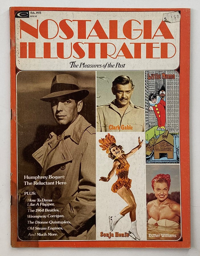 Cover of VTG Nostalgia Illustrated Magazine February 1975 featuring Humphrey Bogart and various classic Hollywood celebrities including Clark Gable, Sonja Henie, and Esther Williams.