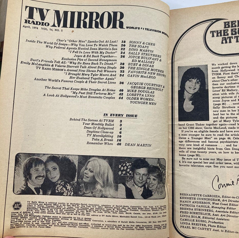 Interior page from VTG TV Radio Mirror Magazine April 1974 Vol 74 #5 displaying the table of contents and coverage of features, including Sonny and Cher, and highlights of the entertainment industry from the era.