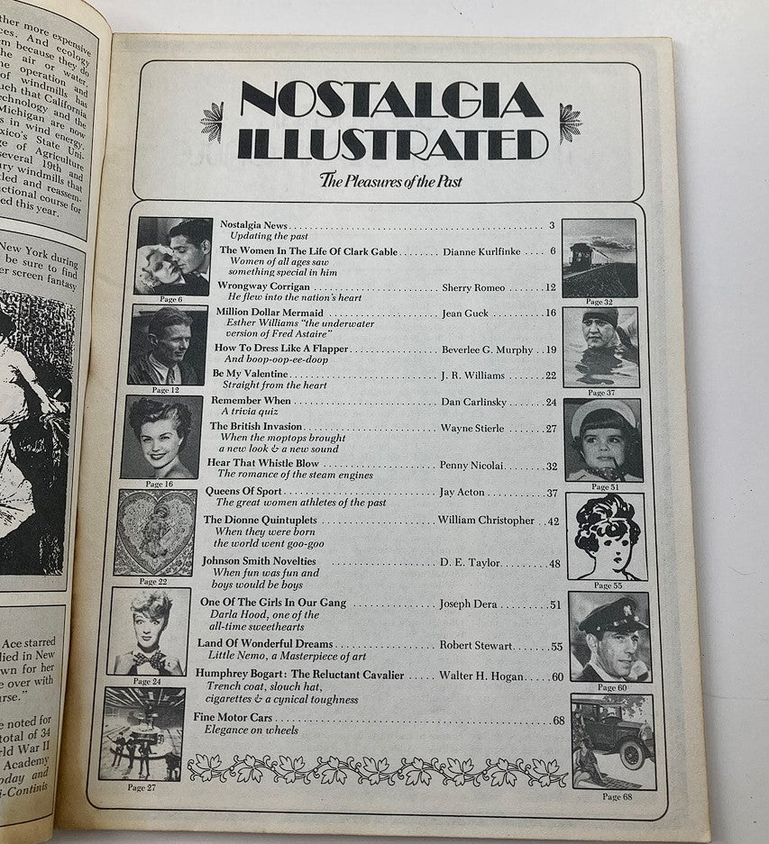 Inside page of VTG Nostalgia Illustrated Magazine February 1975 displaying the table of contents with featured articles on classic Hollywood stars and nostalgic topics.