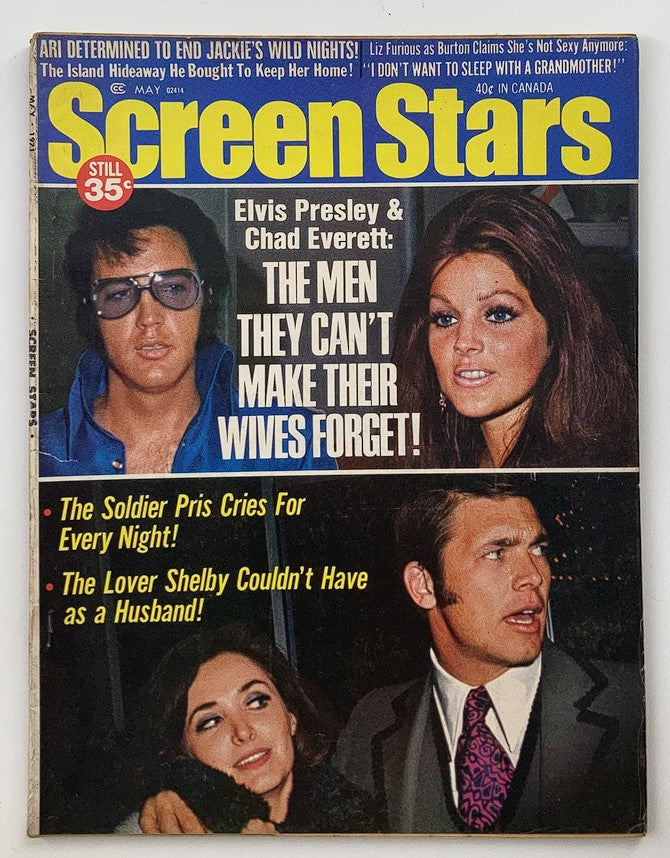 Cover of VTG Screen Stars Magazine, May 1971, Volume 29, Issue 5 featuring Elvis Presley and Chad Everett with an eye-catching headline.