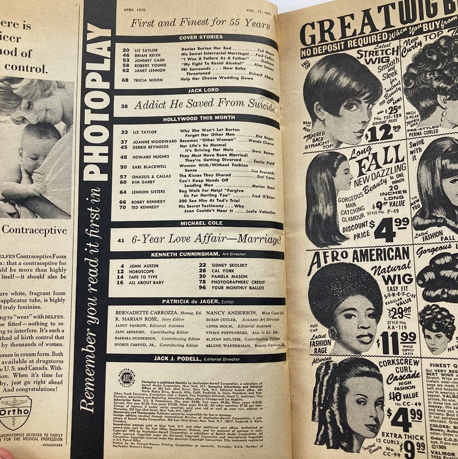 Inside page of the VTG Photoplay Magazine April 1970, Vol 77 #4 featuring articles and cover stories including Liz Taylor and Janet Lennon, with listings of Hollywood personalities and advertisements for beauty products.