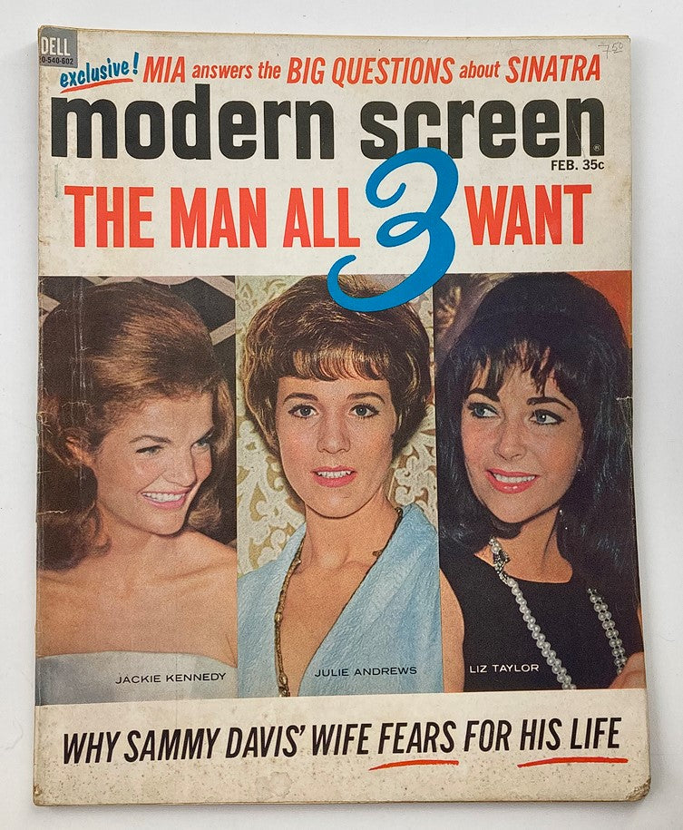 VTG Modern Screen Magazine February 1966 featuring Jackie Kennedy, Julie Andrews, and Liz Taylor on the cover, showcasing iconic personalities of the era.