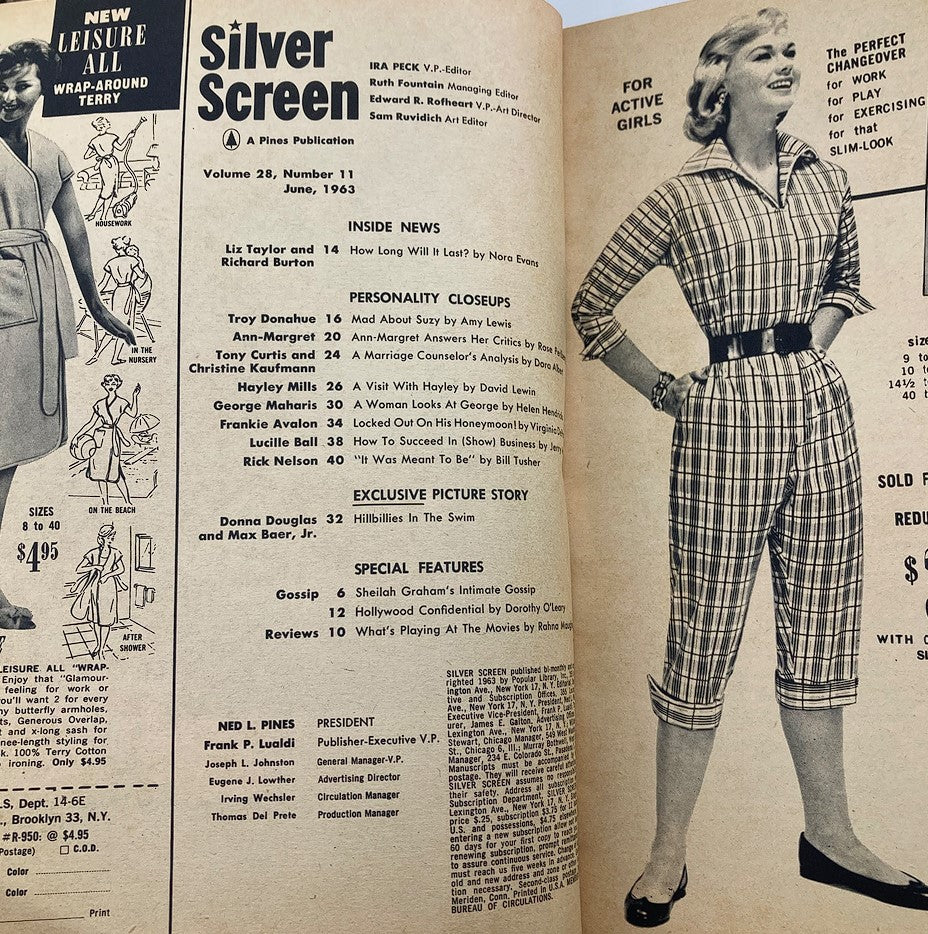 Table of contents page of VTG Silver Screen Magazine June 1963 Vol 28 #11, listing articles and features including personalities like Liz Taylor and Ann-Margret.