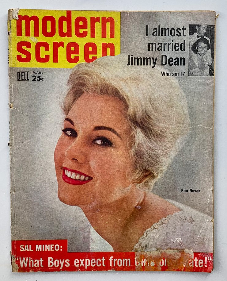 VTG Modern Screen Magazine March 1957 featuring Kim Novak on the cover, showcasing vintage celebrity culture with a bright yellow header and red accents.