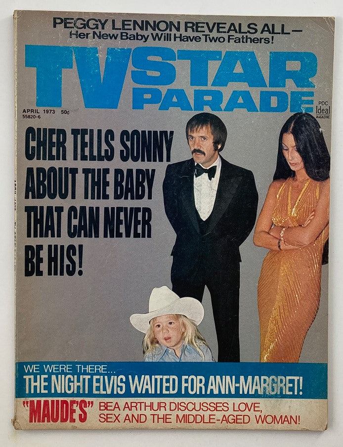 Cover of the VTG TV Star Parade Magazine from April 1973 featuring Cher, Sonny Bono, and a child, highlighting Cher's declaration to Sonny about a baby.