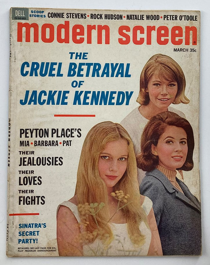 VTG Modern Screen Magazine March 1966 featuring iconic celebrities Mia Farrow, Barbara, and Pat on the cover, highlighting the theme 'The Cruel Betrayal of Jackie Kennedy'.