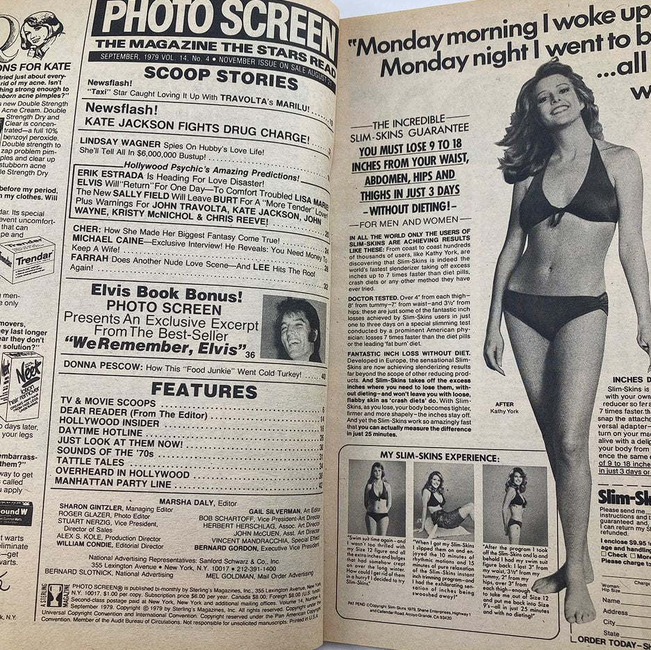 Inside pages of the VTG Photo Screen Magazine from September 1979 Vol 14 #4 featuring an advertisement for Slim-Skins and an article including a section on Elvis Presley.