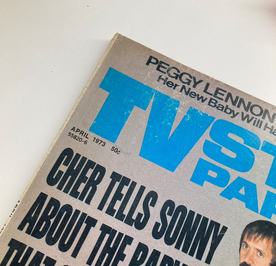 Close-up of the VTG TV Star Parade Magazine April 1973 cover, showcasing Cher's statement to Sonny Bono and vivid magazine design.