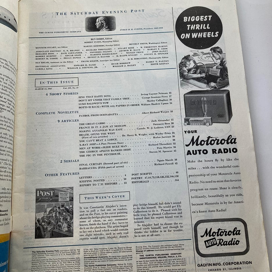 Inside page of The Saturday Evening Post March 15, 1947, listing articles and features, including a mention of 'The Great Gabbo' by Jack Alexander.