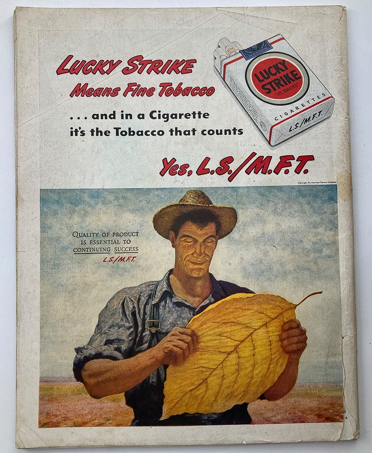 The Saturday Evening Post March 15 1947 cover featuring a vintage advertisement for Lucky Strike cigarettes, showcasing a farmer examining a large tobacco leaf.