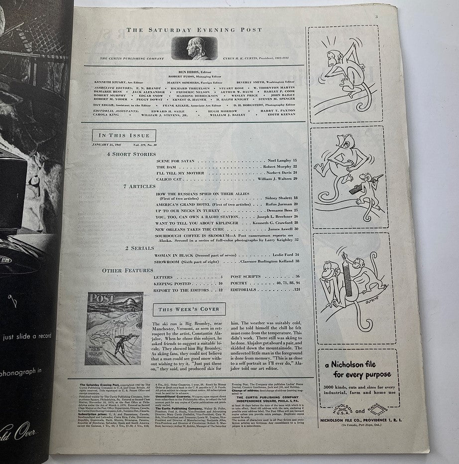 Interior page of The Saturday Evening Post January 25, 1947, showcasing the contents including articles and features.